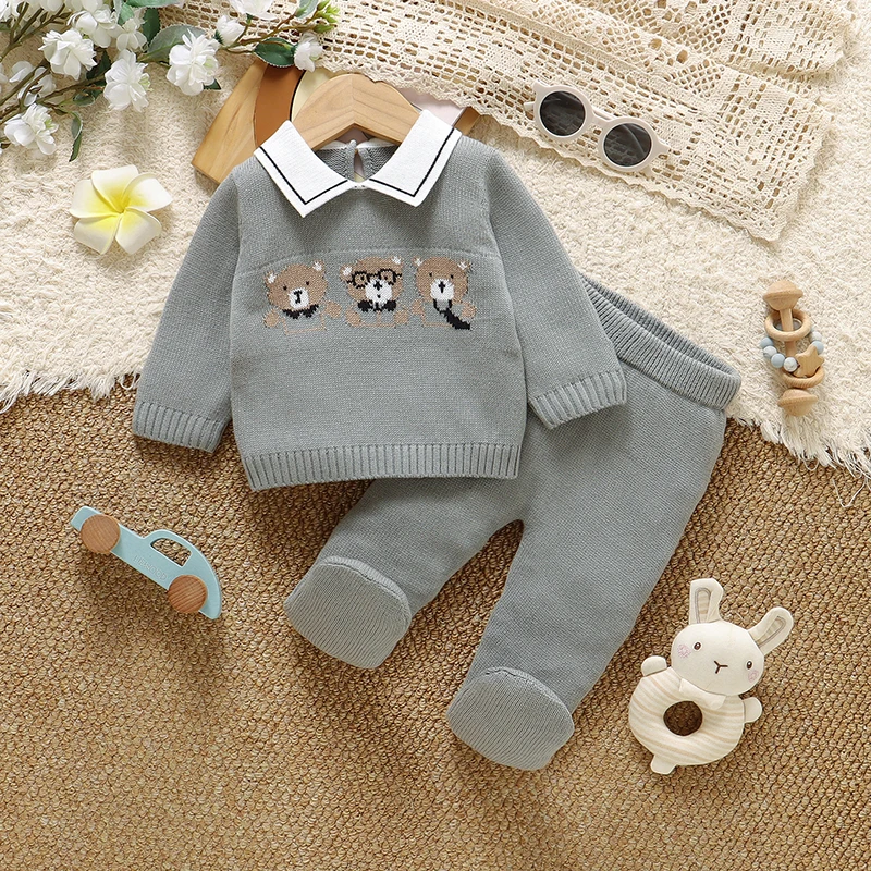 Newborn Baby Clothes Set Cotton Knit Infant Boy Girl Sweater +Pants Long Sleeve Foot Wrap Toddler Child Pollover +Trousers 0-12M