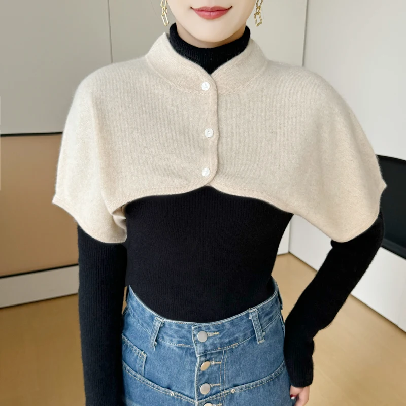 

Autumn Winter 100% Cashmere Shawl for Women, Warm Vest, Ultra Short Sweater Scarf, Knitted Wool Half Turtleneck Shoulder Warmer