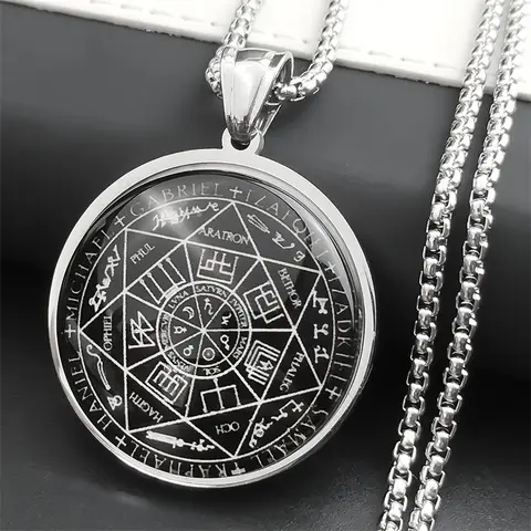 Seal of Seven Archangels Medal Stainless Steel Glass Necklace Seal of Solomon Talisman Necklace Protection Jewelry collar hombre