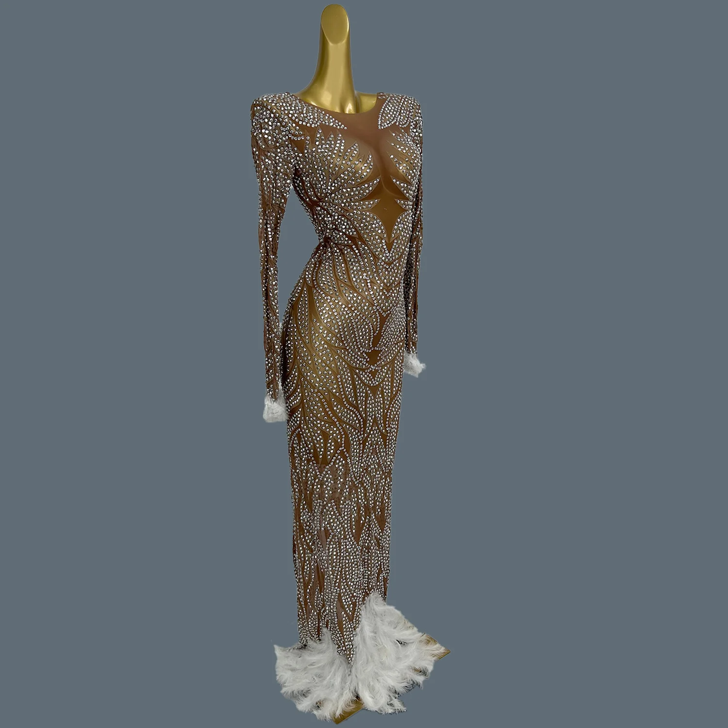 High-end cristais brilhantes pena até o chão vestido feminino luxuoso vestido de baile festa de aniversário de casamento sexy vestido longo chouxiaoya