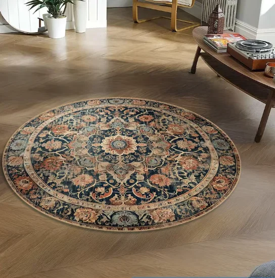 سجادة شرقية مستديرة قابلة للغسل برتقالي أزرق عتيق على الطراز الفارسي سجادة مستديرة بوهو لغرفة المعيشة ديكور المنزل
