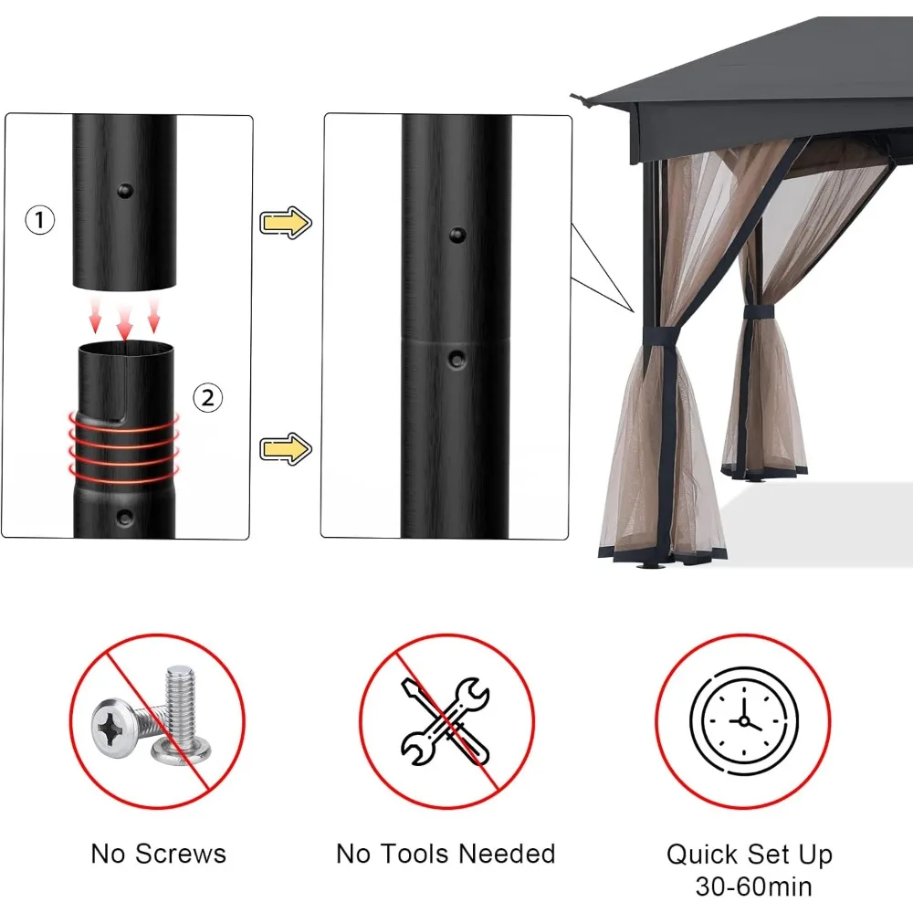 Tool Free Patio Gazebo Screw Free Easy Installation Outdoor Garden Gazebo with Netting Walls (11x11,Gray)