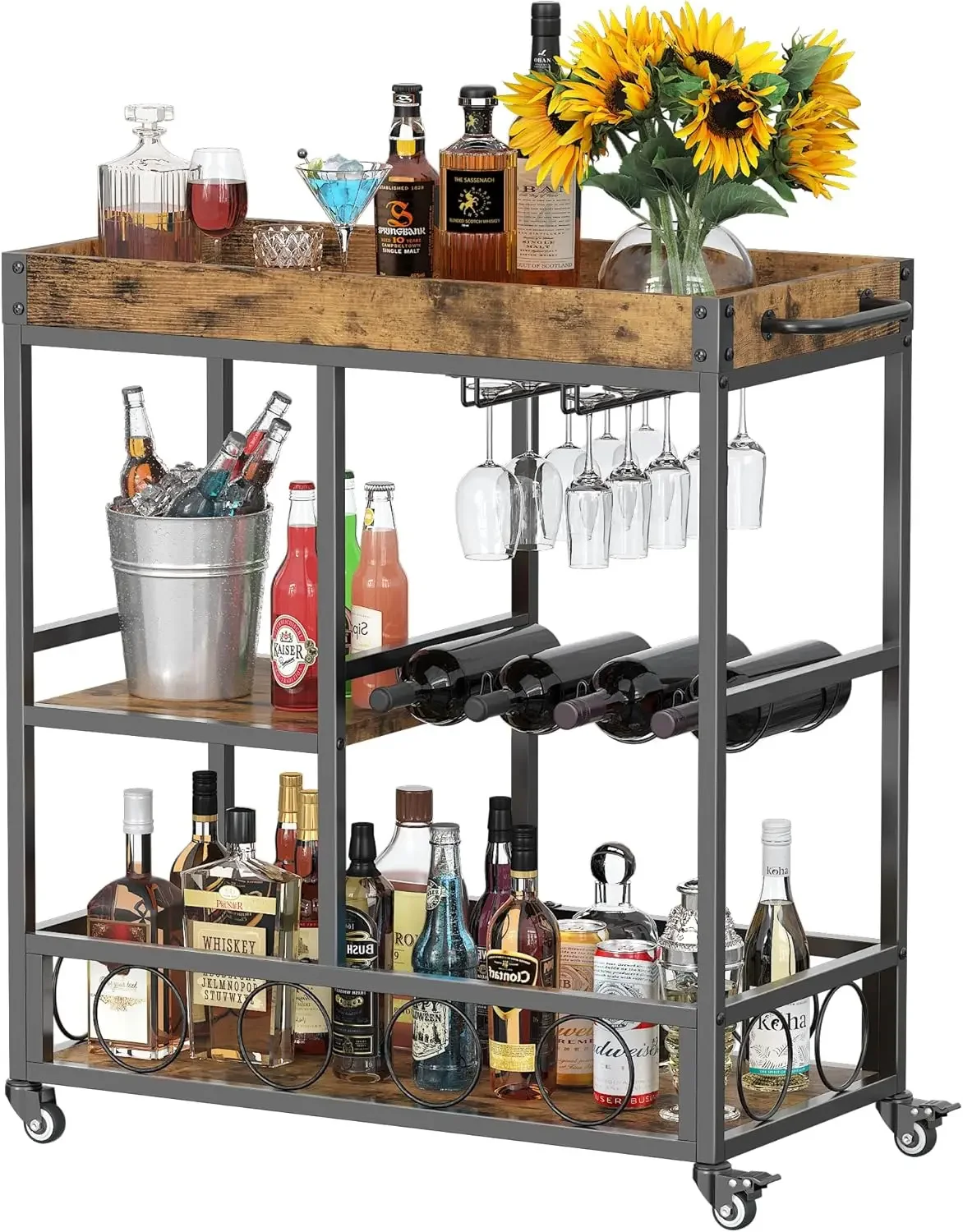 Bar Cart Home Bar Serving Cart with 3 Tiers, Rolling Bar Car with Large Storage Space & Lockable Wheels,Glass Holder