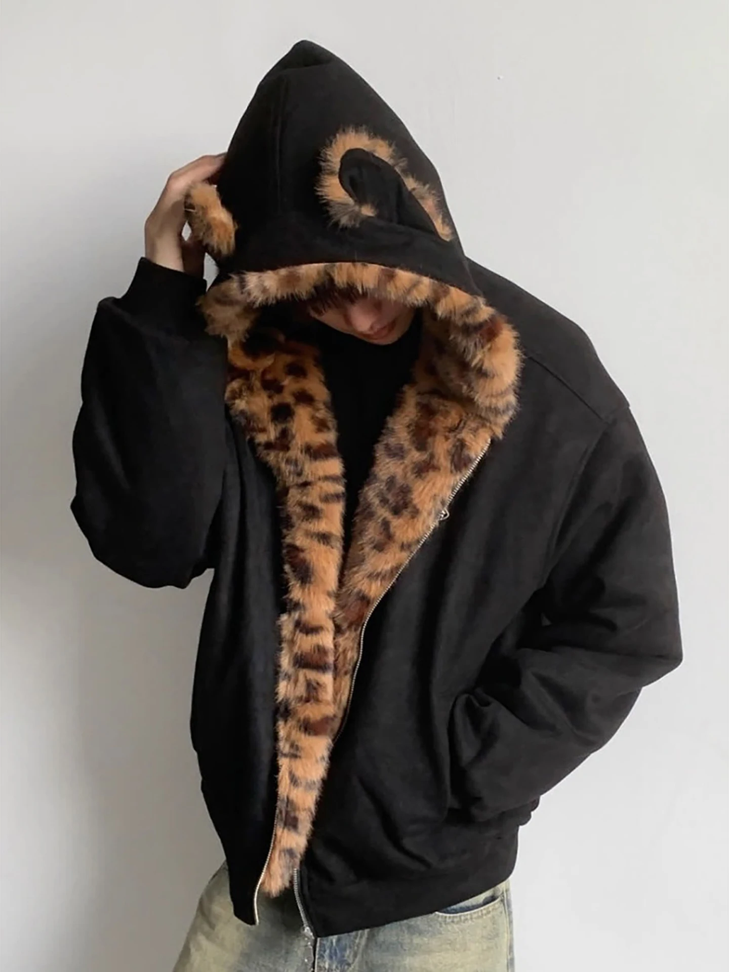 Personality Leopard Print Hooded Parkas Men 2025 Winter New Parkas Coats Fashion Warm Loose Comfort Long Sleeve Hoodies Jackets