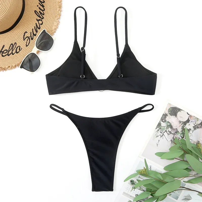 Sexy Black Triangle Bikini Set Swimwear Women Micro Thong Swimsuit Ring Bathing Suit Biquinis Feminino Bikinis 2023 Mujer Summer