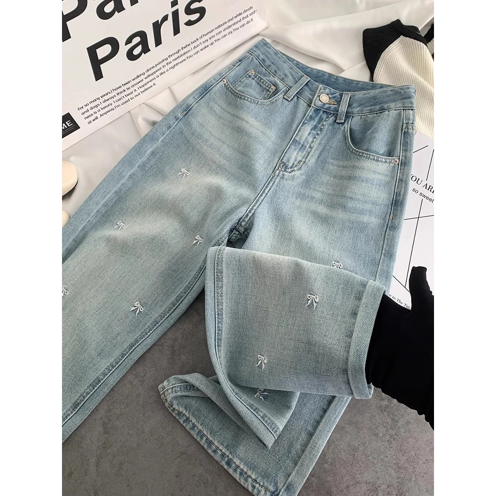 

Синие джинсы с вышивкой и бантами, женские простые прямые джинсовые брюки, новинка 2025 года, широкие узкие брюки с высокой талией, женские универсальные брюки