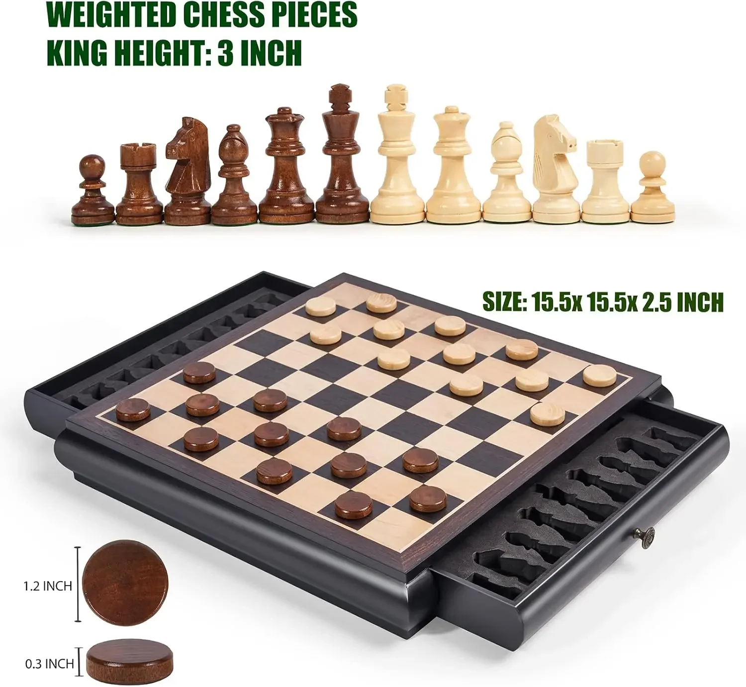 Wooden Chess Checkers Game Set 15.5