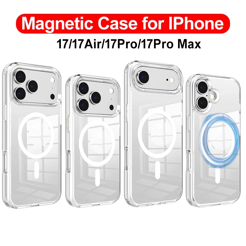 Luxury Magnetic Wireless Charge Clear Case for iPhone 17 Pro Max Air For Magsafe Back Cover Transparent Case