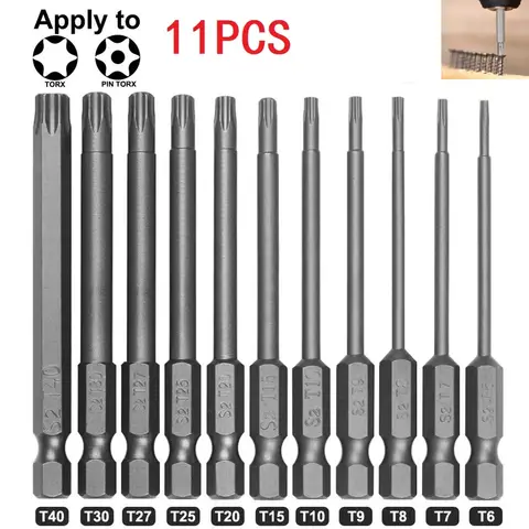 Conjunto de bits de chave de fenda torx, 11 peças, 75mm /3 polegadas, cabeça magnética de segurança hexagonal extra longa/t7/t8/t9/t10/t15/t20/t25/t27/t30/t40 ferramenta manual
