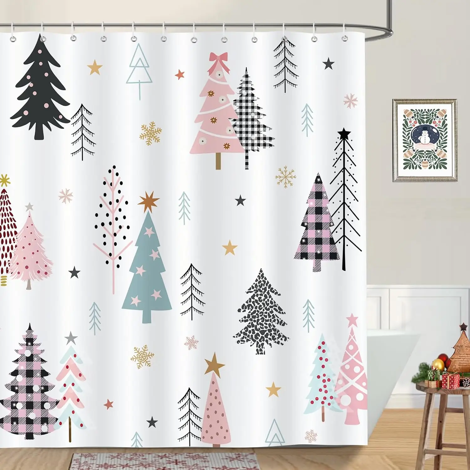 Christmas Tree Shower Curtain,Pink Black Xmas Trees Stars Snowflakes Winter Holiday Bathroom Curtain Polyester Fabric Waterproof