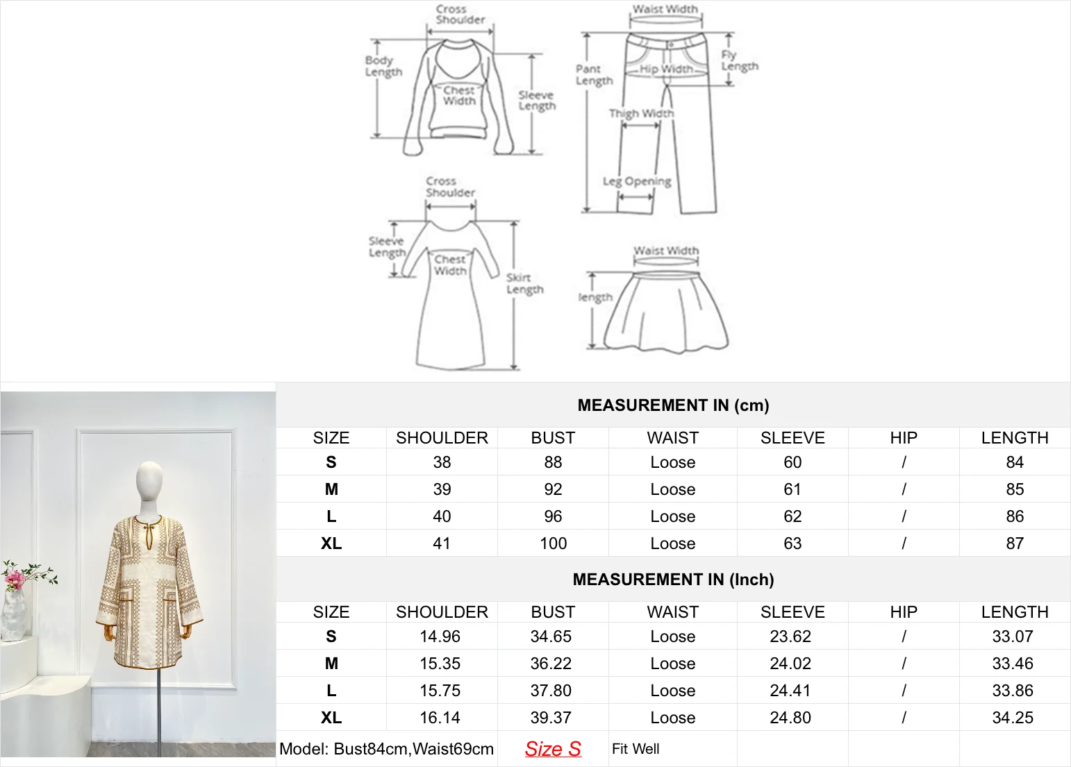 فستان متوسط الطول بأكمام طويلة وطباعة هندسية باللون البيج الكريمي 2025 وصول جديد