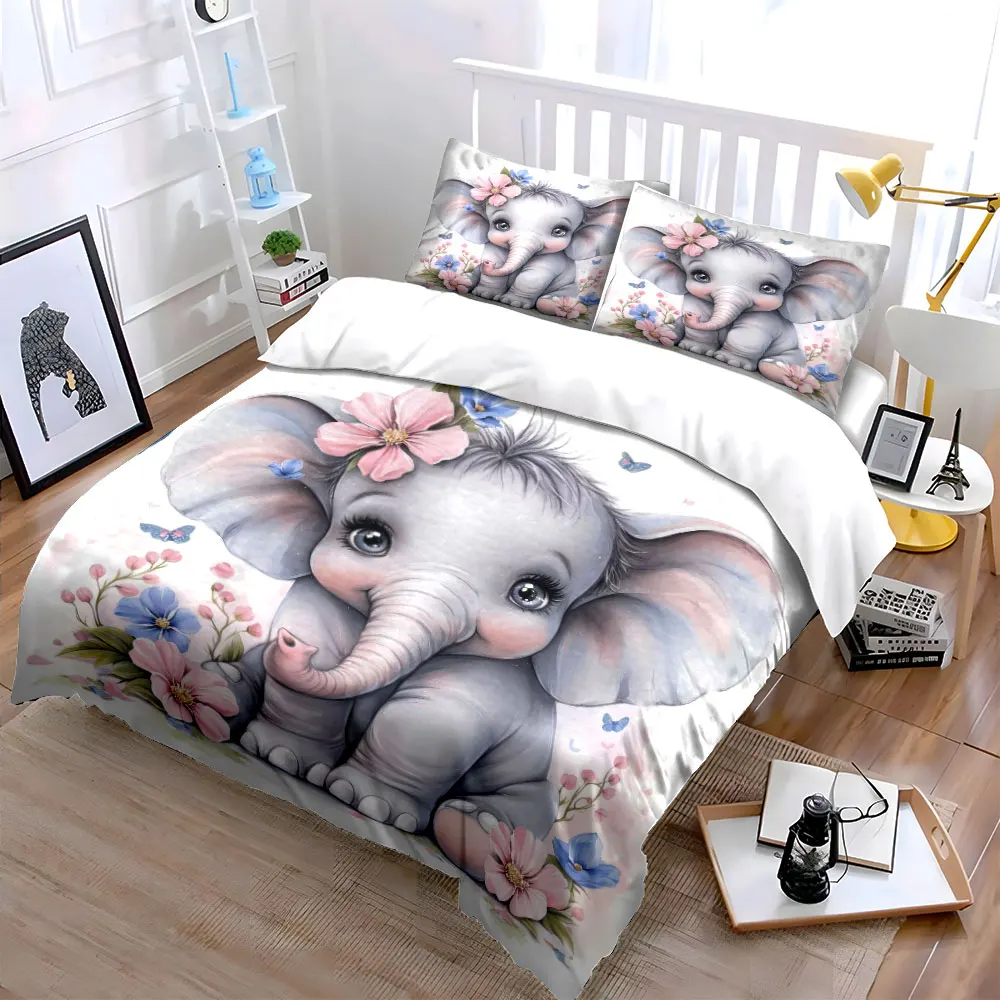 Adorable baby elephant with delicate flowers Print Bedding Set 1 Duvet Cover 2 Pillowcases for Adult and Children Luxury Gift