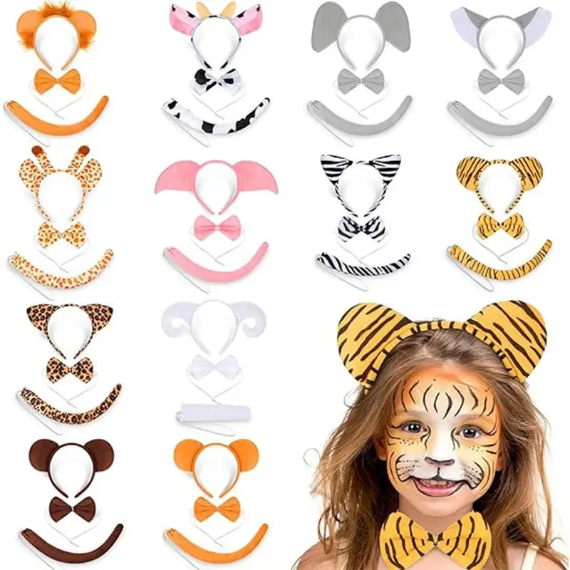 

Jungle Zoo Animals Ears Headband Tail Plush Cartoon Elephant Lion Pig Cosplay Hair Hoop for Birthday Halloween Costume Party