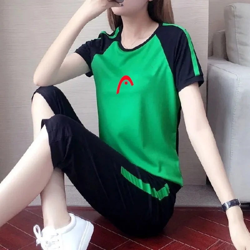 2024 Casual sports suit for women summer new fashion loose short-sleeved cropped pants plus size running suit two-piece set