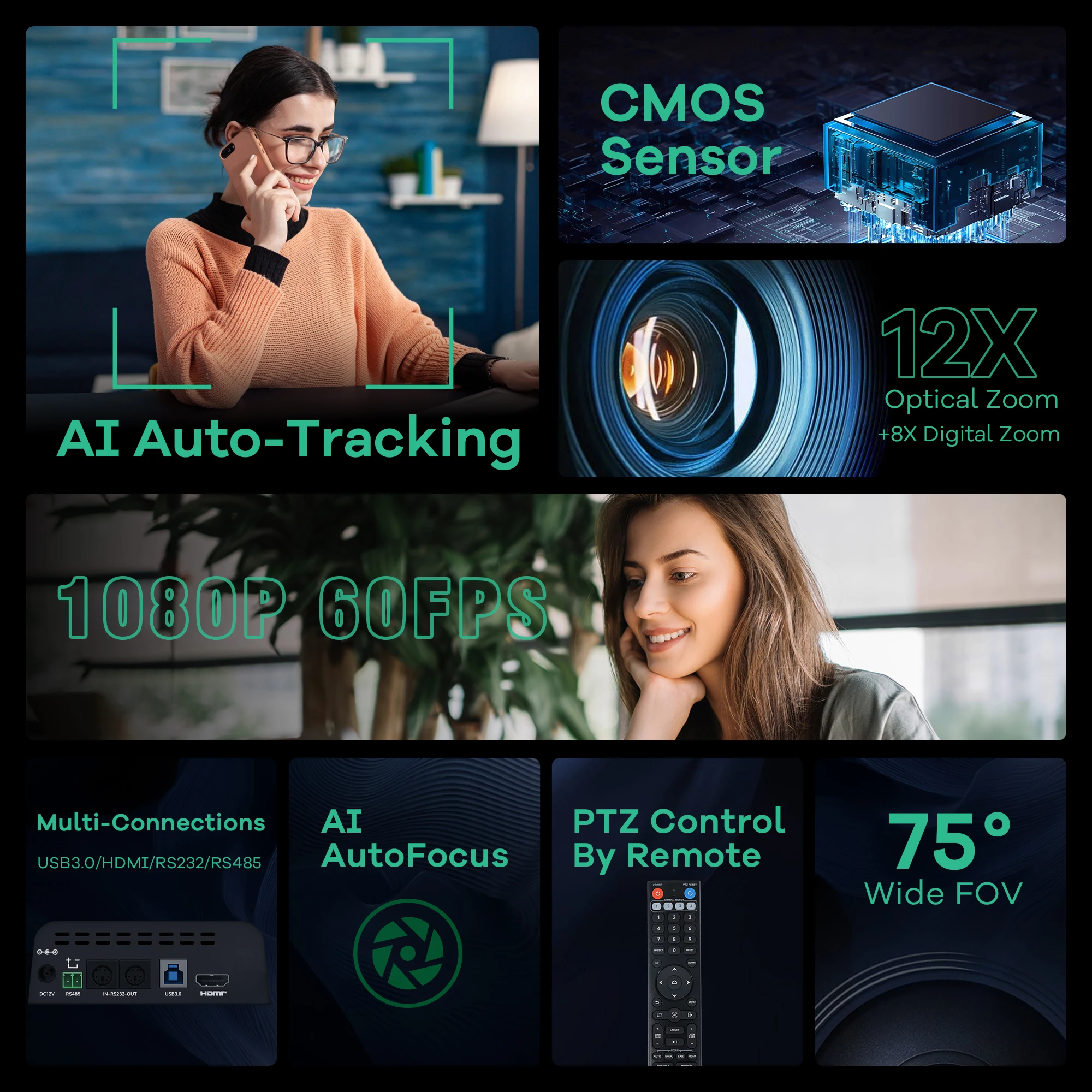 TONGVEO 12X 1080P60FPS PTZ Conference Cameras USB 3.0 HDM1 with AI Auto Tracking for Live Streaming/Church/Online Meeting 2