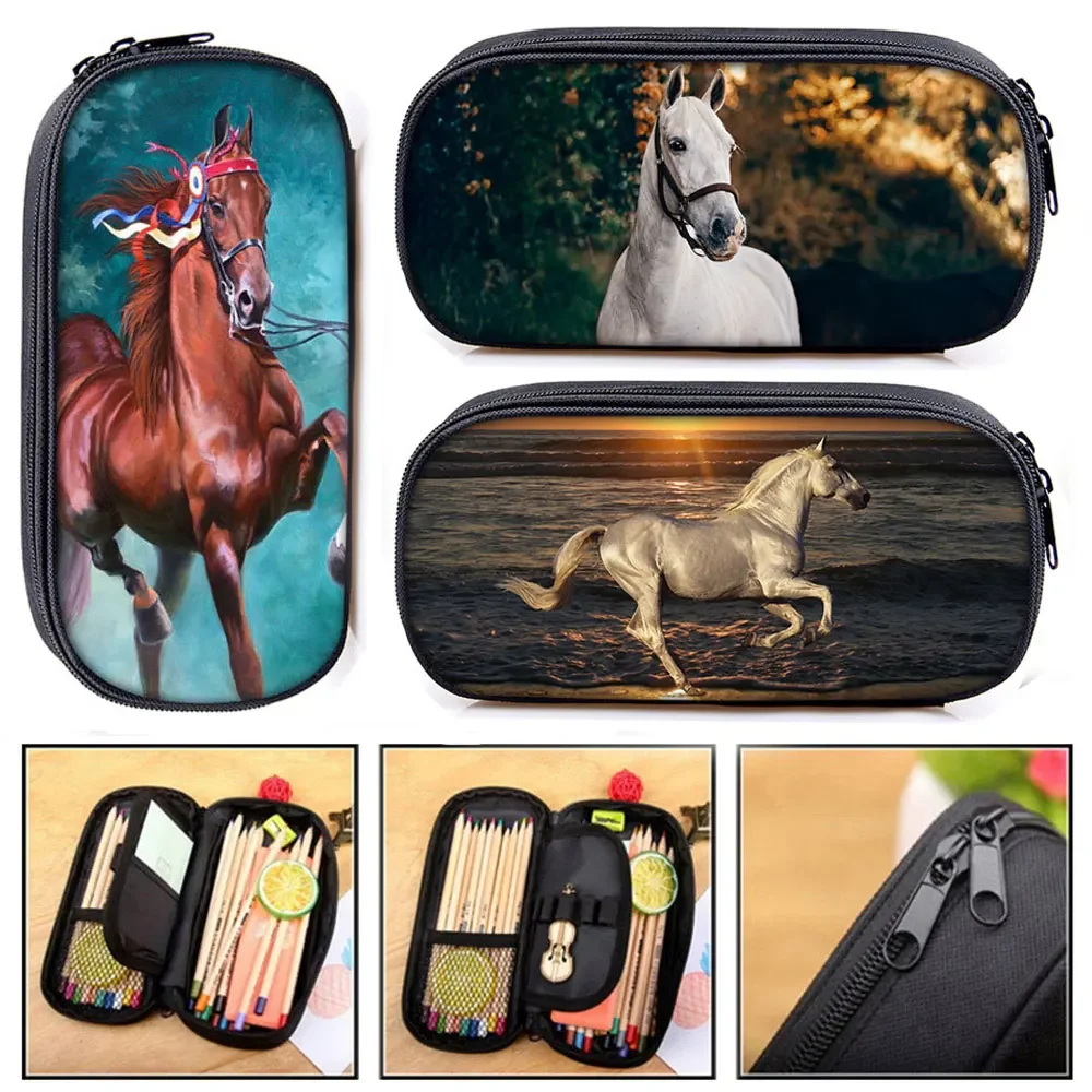 

Elegant Animal Horse Print Cosmetic Cases Pencil Bag Boys Pony Pencil Box Children Stationary Bags Kids School Supplies