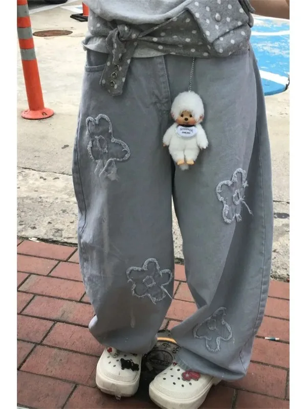 

Early Spring 2026 High Waist Casual Cotton Denim Pants Floral Embroidery Washed out Style Versatile Long Trousers for Women