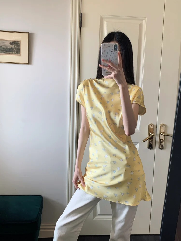 CHEERART Yellow Rabbit Animal Print Satin Short Dress For Woman Summer 2025 Short Sleeve Cute Mini T Shirt Dress Vintage Clothes