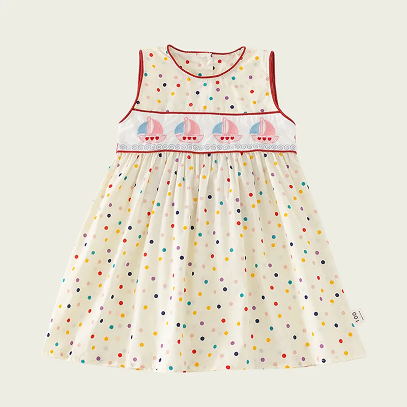 

Girls' Rainbow Polka Dot Sailboat Embroidered Dress2024Summer New Vest Skirt Sweet Sleeveless Baby Skirt-MR