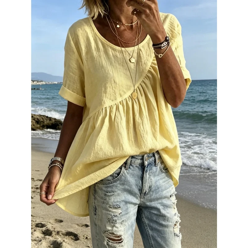 

Women'S Summer Linen Tops Casual Pleated Short Sleeve Blouse Retro Flowy Tunic Hide Belly Loose Fit Babydoll Shirts Vintage Bo