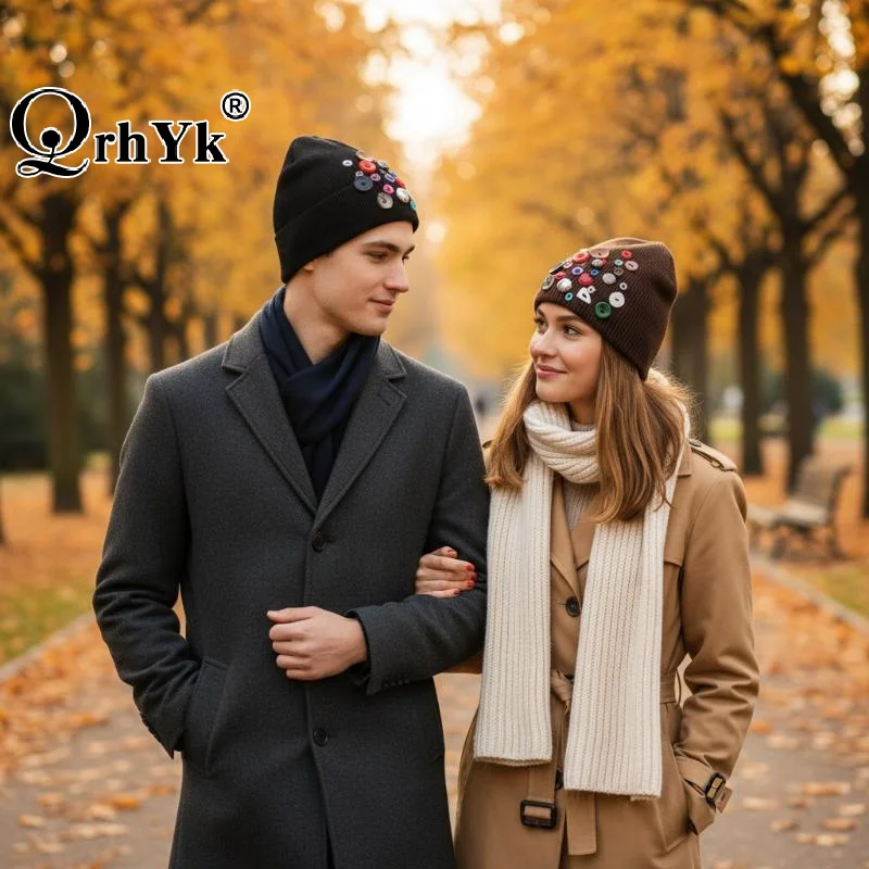 Colorful Button Beanie Hat Irregular Button-Decorated Cuffed Knitted Hat Warm Protection Pullover Style Personality Cold Cap