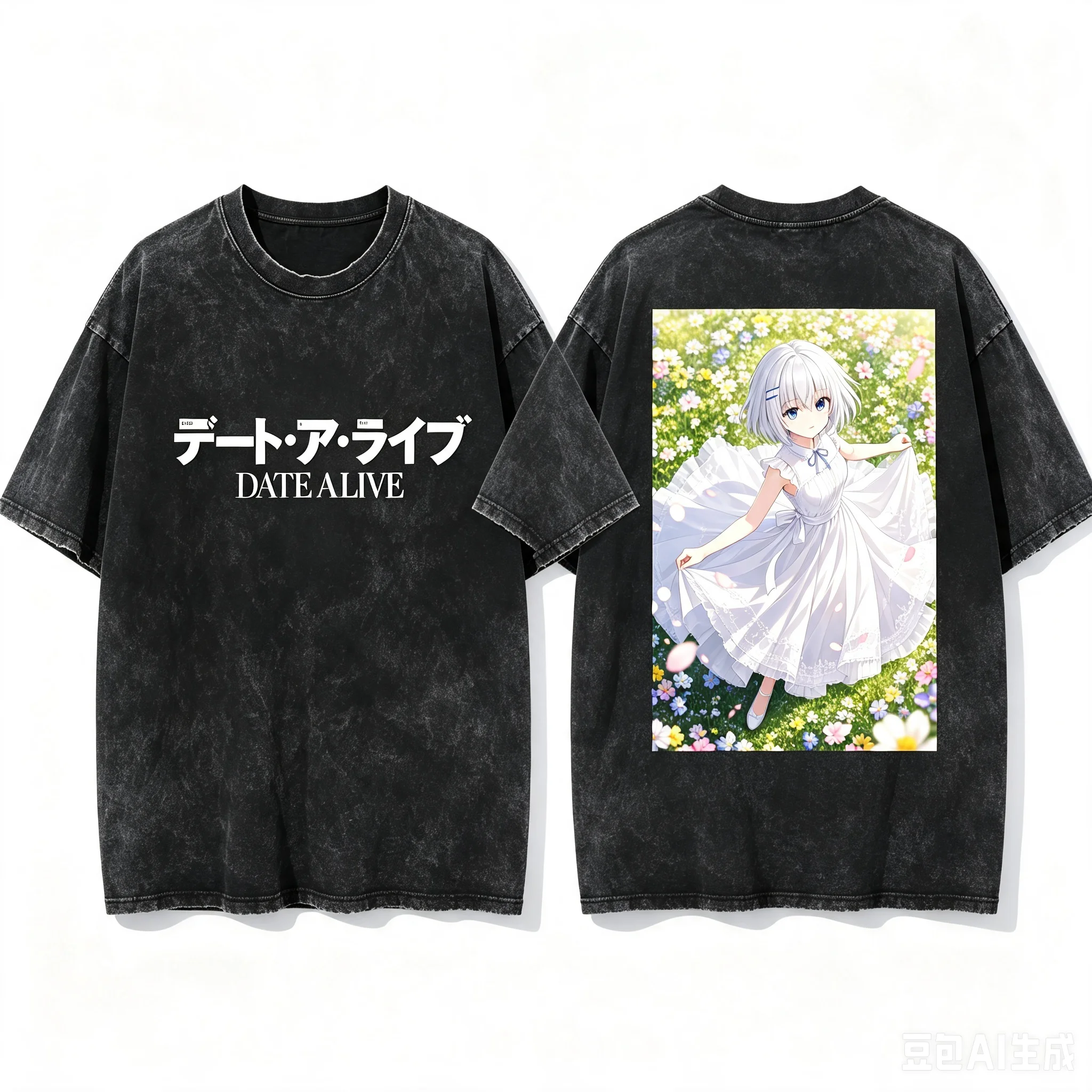 Tobiichi Origami Date A Live Book Holding Wink Back Print Washed Crew Neck Short Sleeve Comfortable T-Shirt