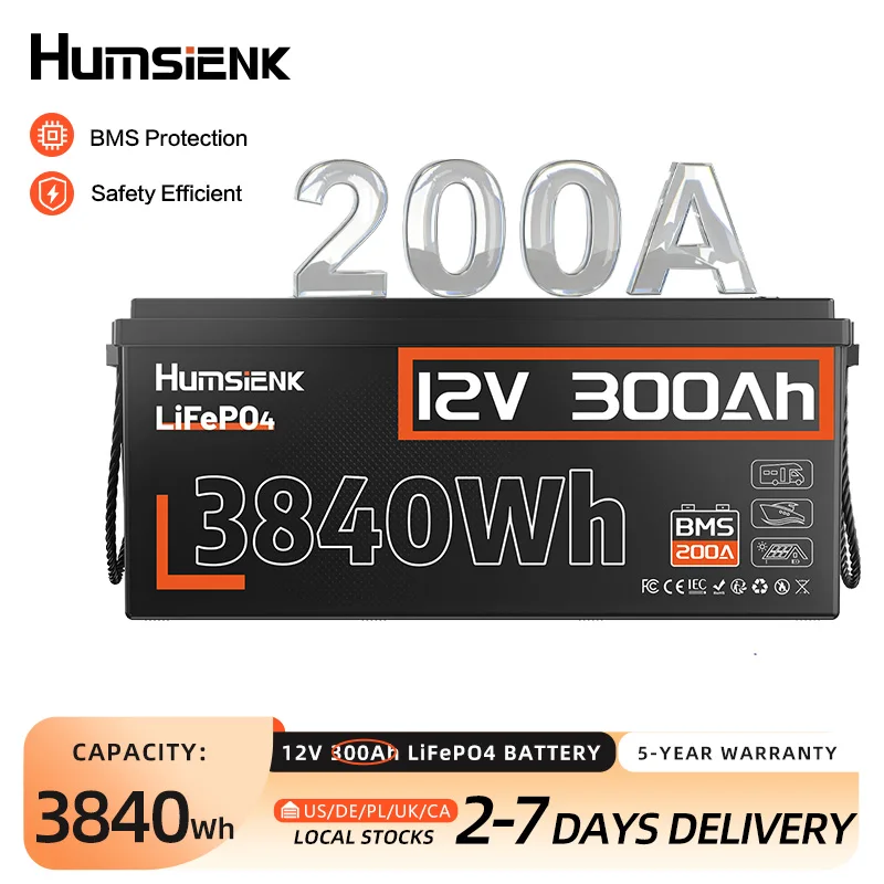 Humsienk 12V 300Ah LiFePO4 Battery, Built-in Bluetooth & 200A BMS, 15000+ Deep Cycle, Low-Temp Protection for RV, Van, Golf Cart, Boat, Camper, Marine, Solar Energy Storage, 5-Year Warranty