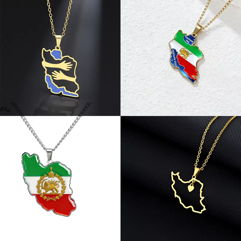 

Lucktune Iran Map Pendant Necklace Stainless Steel Persian Lion Sun Pendant Necklace Fashion Gold Color Jewelry Gifts Wholesale