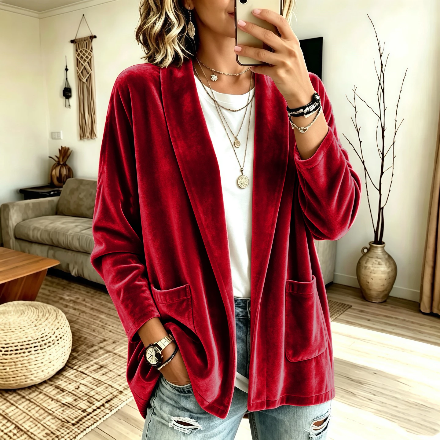 Women's Elegant Velvet Long Sleeve Open Front Cardigan with Pockets, Solid Color Fall Winter European Style