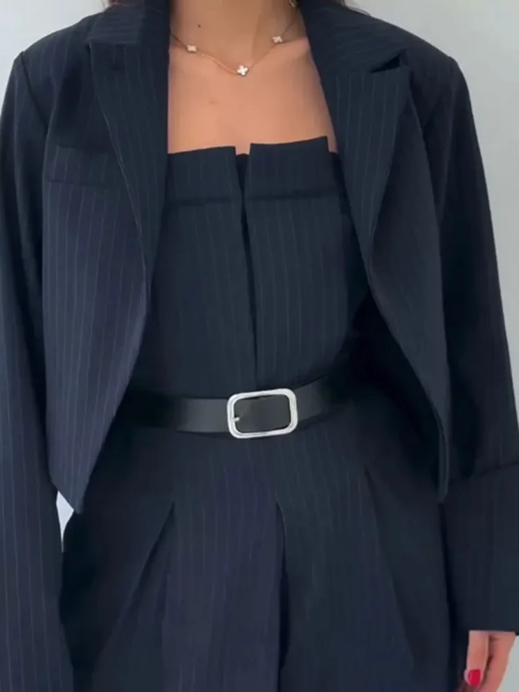 Strapless Jumpsuit + Lapel Coat Matching Sets Women Autumn Stripe Printing Casual Long Sleeve 2pcs Outfits Elegant Ladies Suits
