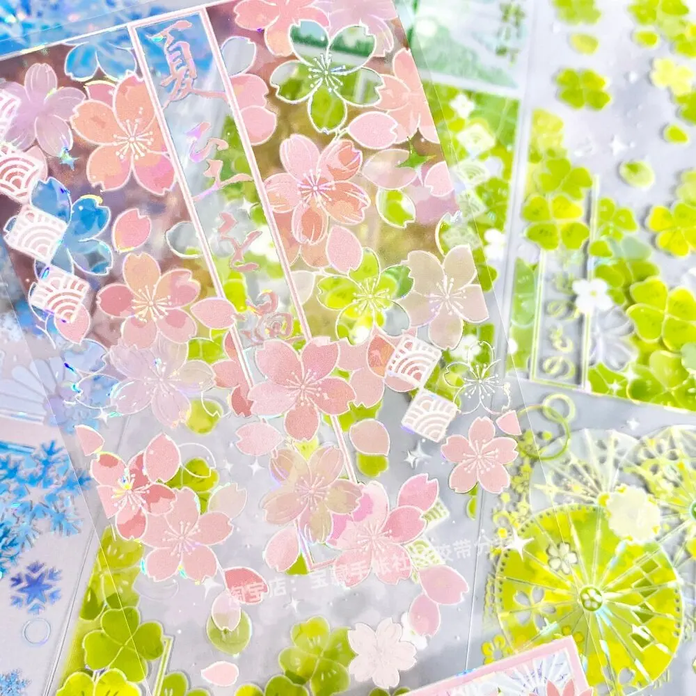 Cherry Blossom Text Frame Colorful PET Stickers for Journaling Scrapbooking DIY Craft Decoration Spring Themed Tape Samples