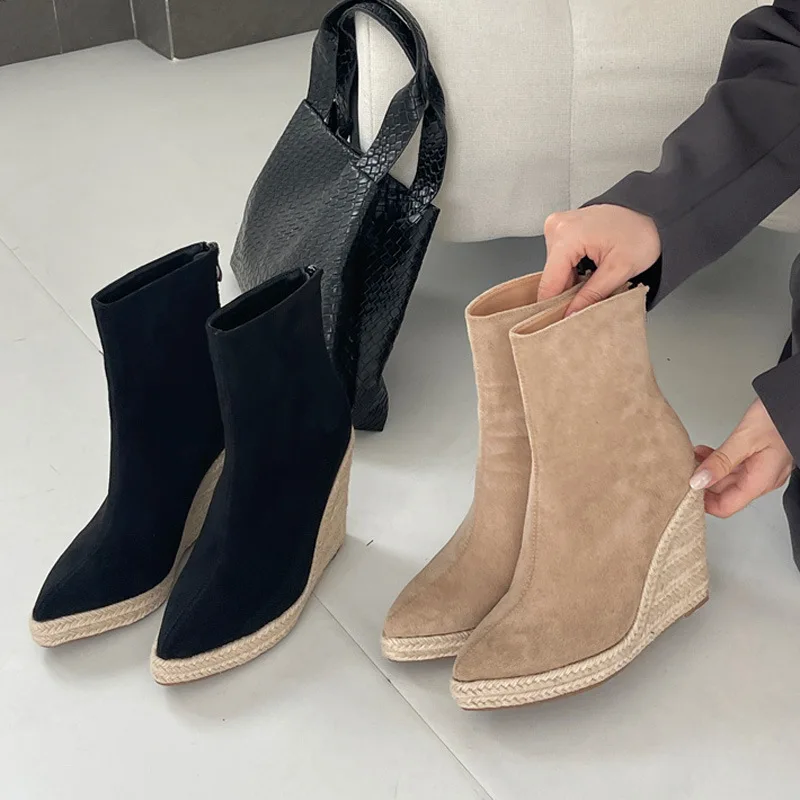 Women Pointed Toe Wedge Ankle Boots Jute Espadrille Heel Outdoors Low Top Booties Suede Casual Zipper Footwear Fashion Boots