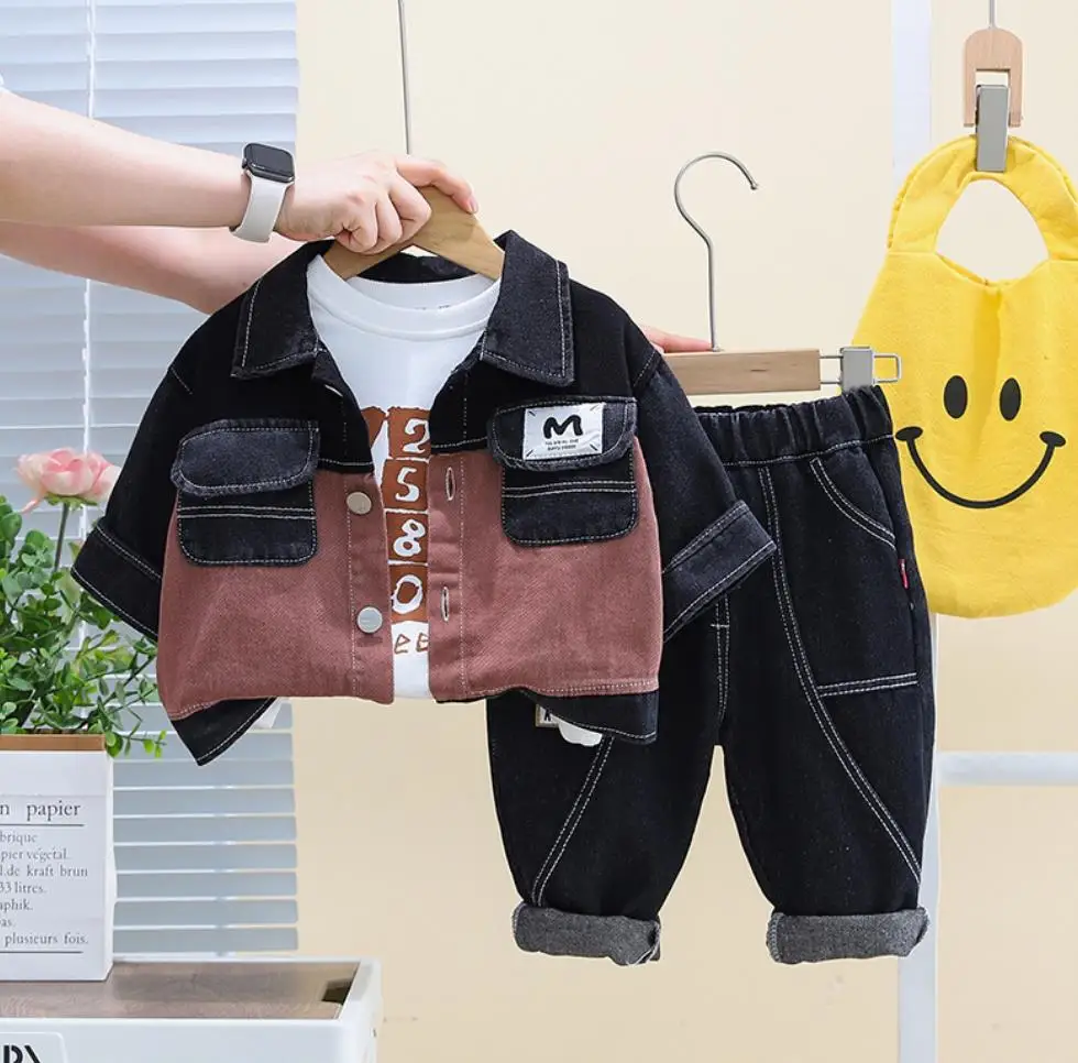 Korean Style Baby Boys Sets 1 To 5 Years Patchwork Denim Pockets Casual Jackets White T-shirts Pants Kids Clothes Boy Tracksuits