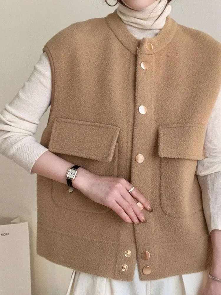 [EWQ] Korean Style Sleeveless Thick Woolen Waistcoats Single Breasted Fashion Basic Vest Women Autumn 2024 Winter New 16O1435