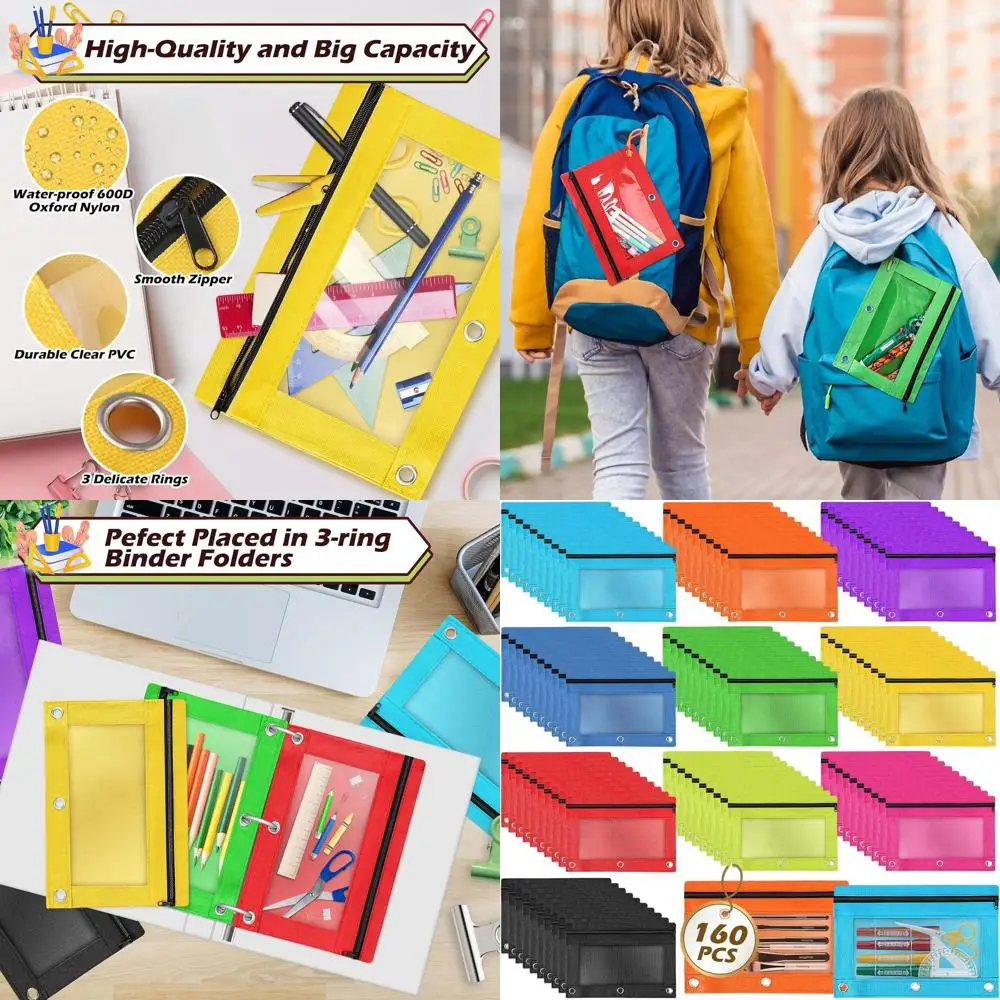 

Набор из 160 пеналов на молнии с 3 отверстиями, разных цветов, прозрачные, для школьных и офисных принадлежностей