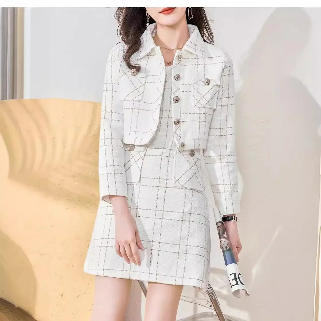 Xiaoxiangfeng-Chaqueta de tweed de manga larga para mujer, chaleco de cintura de dos piezas, vestido de cobertura de cadera, temperamento de celebridad