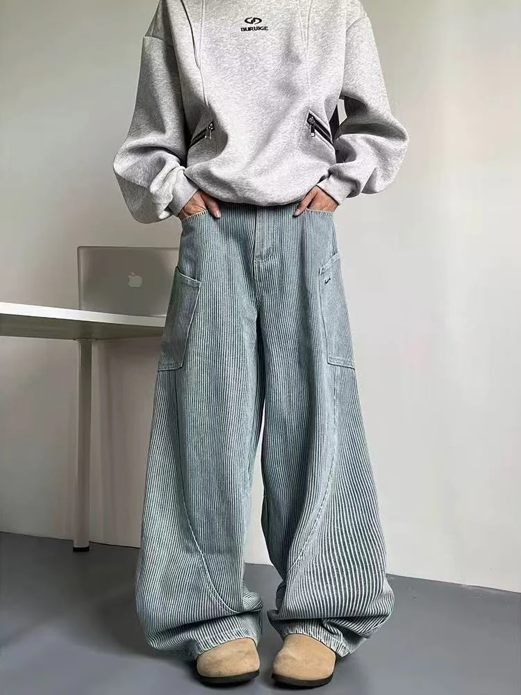 

Vintage Striped Jeans for Women Y2K High Waist Streetwear Loose Wide Leg Pants Bf Hip Hop Pocket Cargo Scimitar Denim Trousers