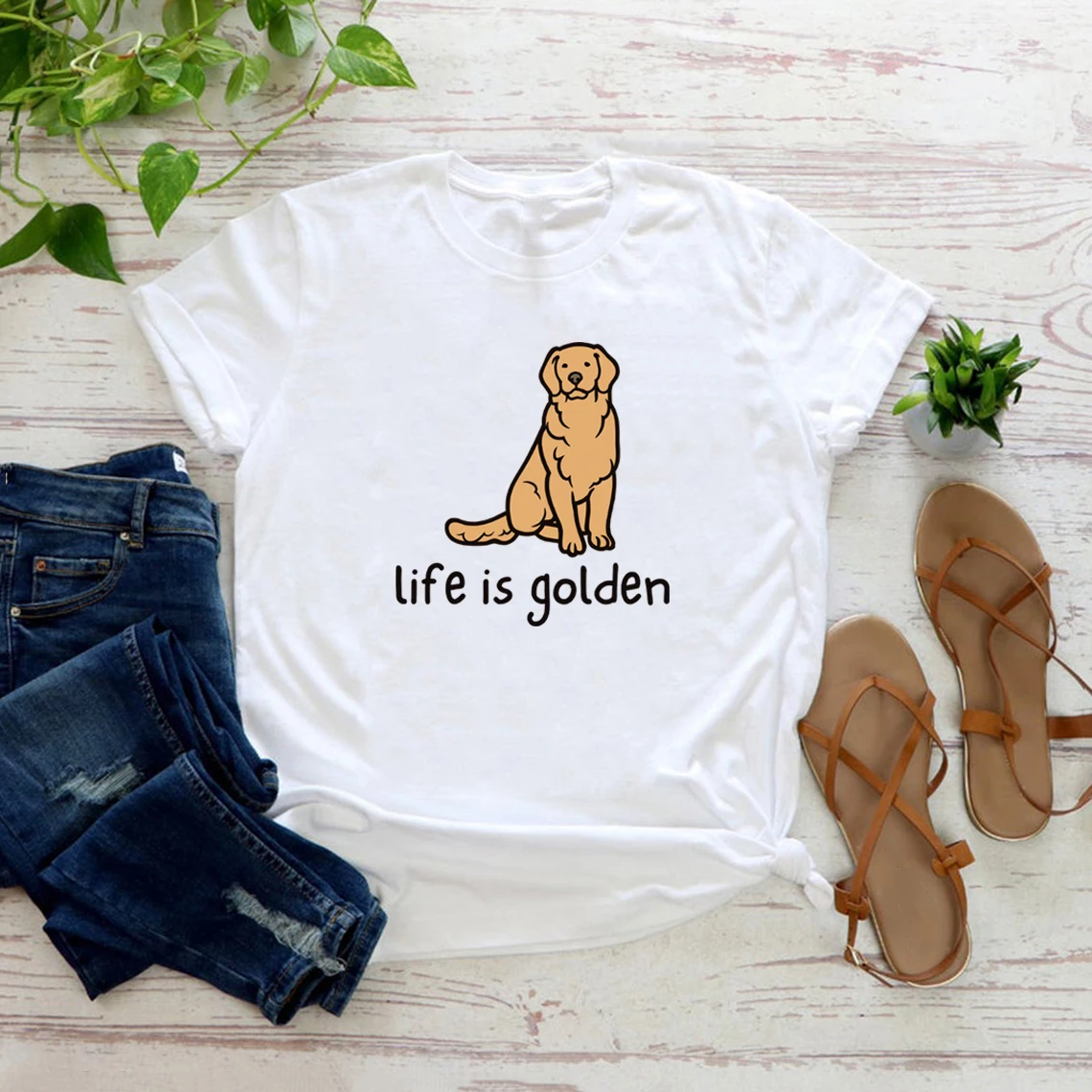 

Милая футболка с собакой золотистого ретривера для мамы Life Is Golden Shirt Футболки с круглым вырезом Повседневная футболка с короткими рукавами Английский ретривер Подарок Y2K Top