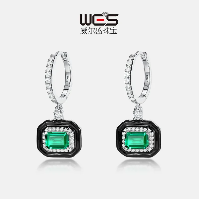 Lady Black Enamel Earrings for Women 18K Gold Color Baby Stone PT950 Platinum Cultured Emerald Earrings