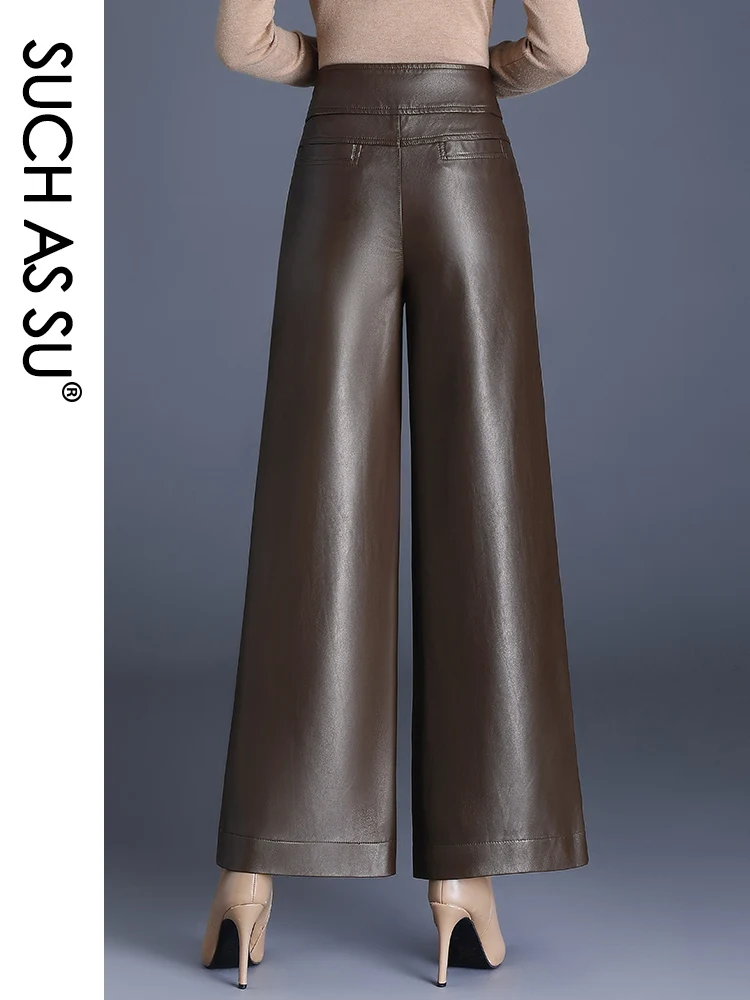 High Quality Women Pockets Wide Leg Pants 2023 Autumn Winter Slim fit Ankle-Length Culottes PU Leather Elastic Waist Female 1711