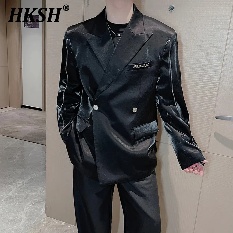 HKSH Spring And Autumn New Men's Tide Deconstruction Liquid Flowing Light Shoulder Pad Jacket Zipper Niche Design Blazer HK0091