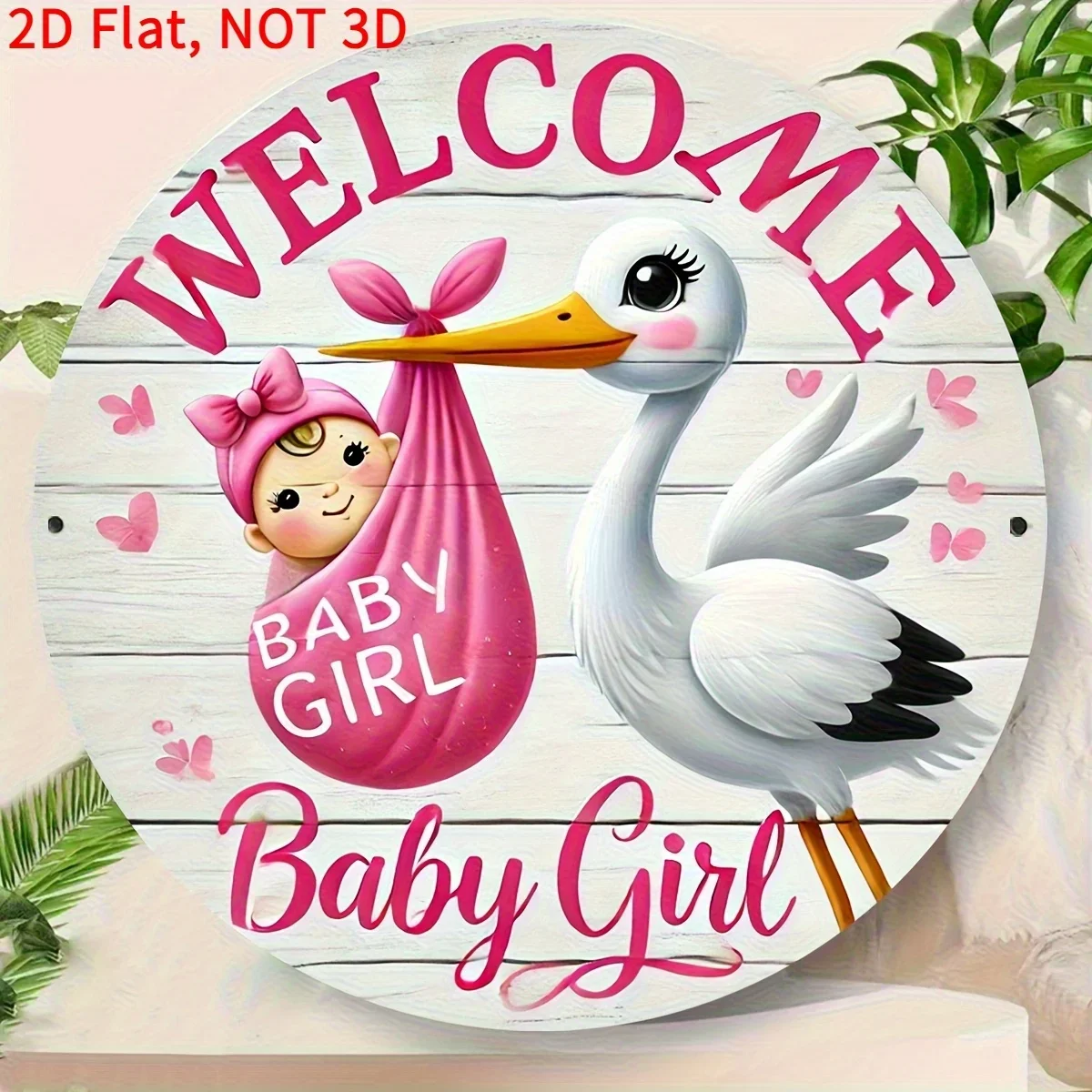 2D Metal Sign Welcome Baby Girl Stork Bird Pink Newborn Nursery Decor Gender Reveal Gifts Vintage Wood Aesthetic Room Wall Art