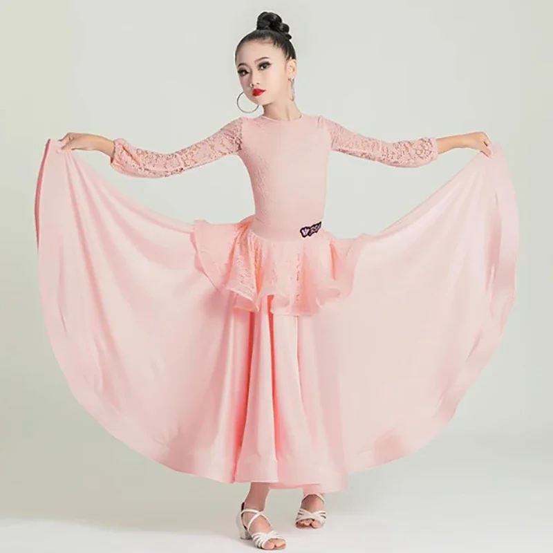 Kids Girls Modern Dance Children‘s Waltz Dance Lace Bodysuit and Big Swing Skirt Competition Practice Performance Dancewear