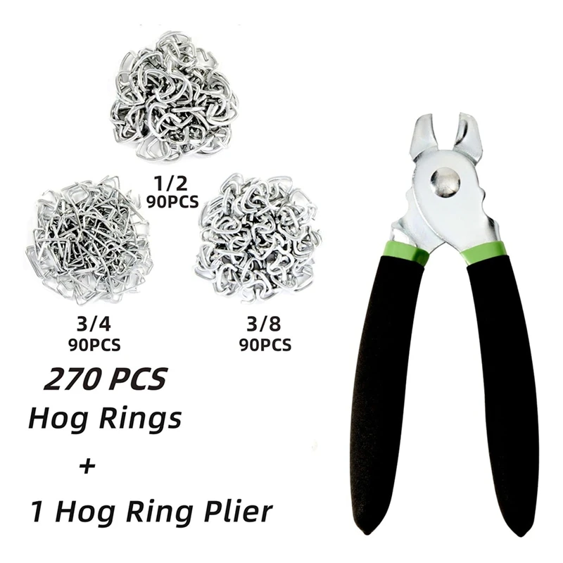 Hog Ring Pliers Kit With 270Pcs 3/4In 1/2In 3/8In Galvanized Steel Hog Rings,Hog Ring Pliers Kit For DIY Craft&Bagging