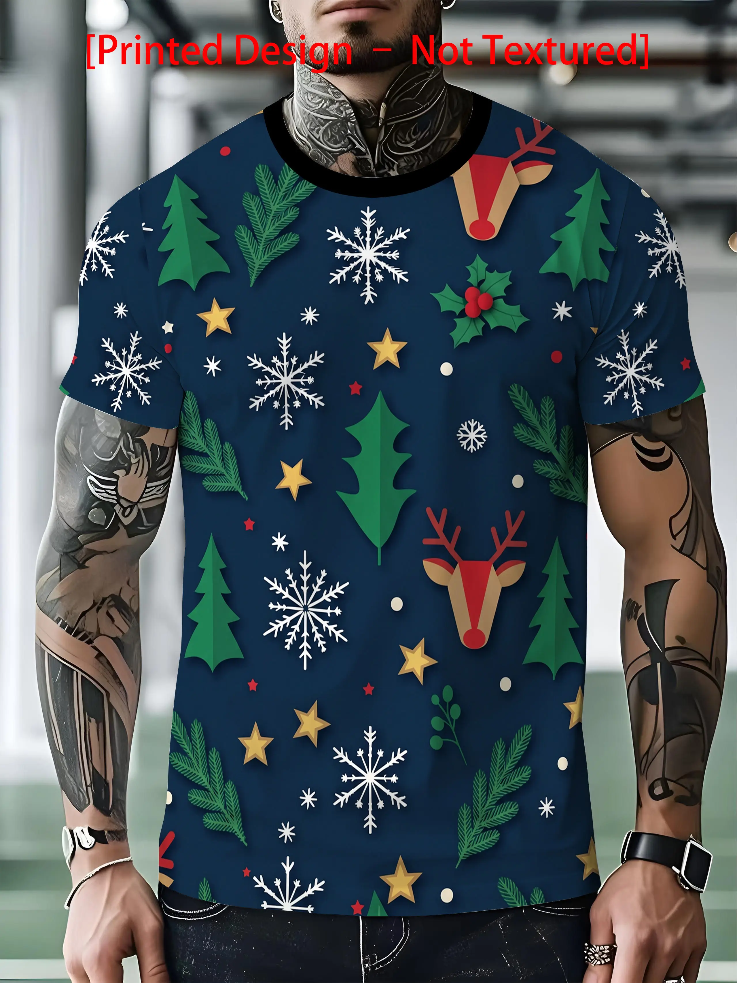 Men Fashion Christmas Print T‑Shirt, Navy Paper‑Craft Xmas Elements Art Short Sleeve Crew Neck Holiday Casual Tee