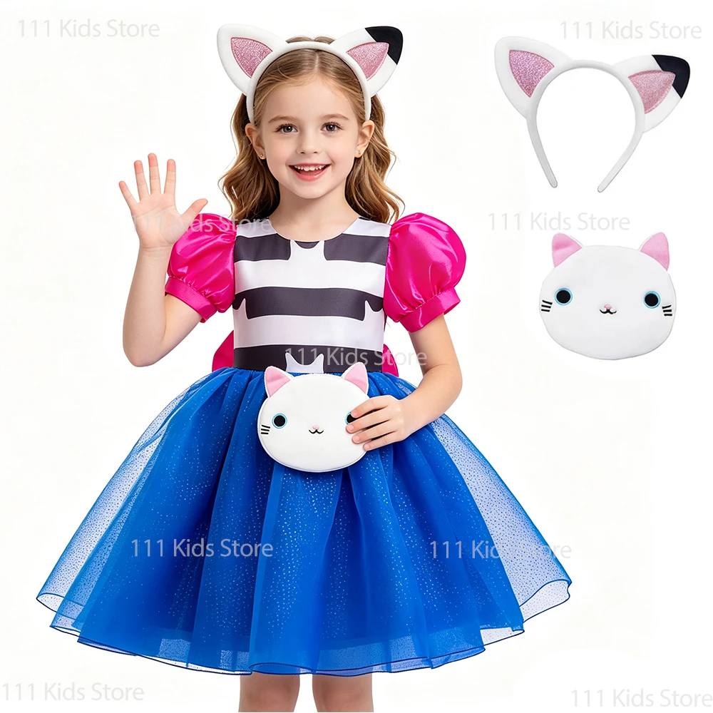 

Cartoon Cosplay Costume for Girls Birthday Gift Dress with Headband Bag Perform Clothes Children Summer Dress