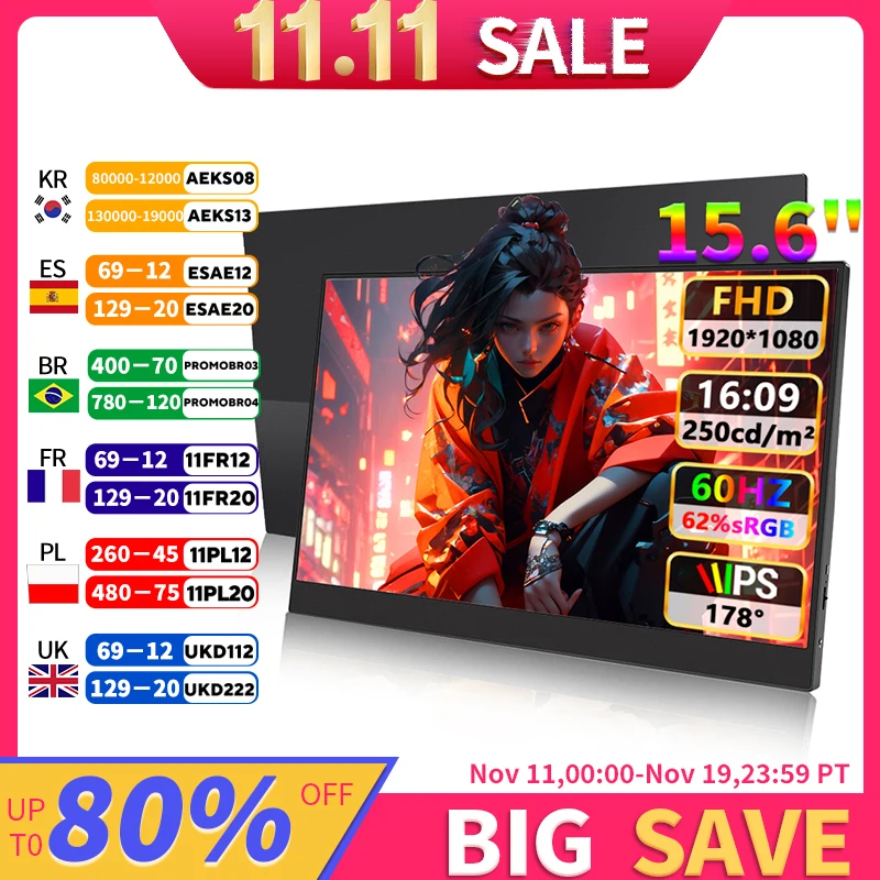 

Portable Monitor 15.6'' FHD 1080P Ultra-thin gaming monitor Built-in speaker HDR Plug & Play External Monitor for Laptop PC Mac