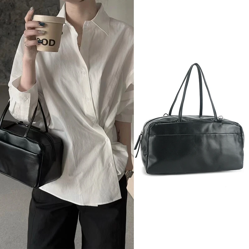 

Casual Fashion Tote Bags For Women Brand Design Bowling Bag Genuine Leather Commuter Pillow Bags Long Square Underarm Handbags