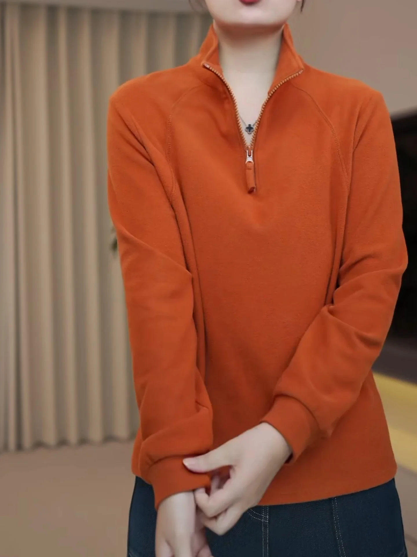 

Fall Winter Orange Color Slim Fit Hoodie Women's f Zipper Stand Collar Casual Versatile Big Size Inner Wear Casual Sle