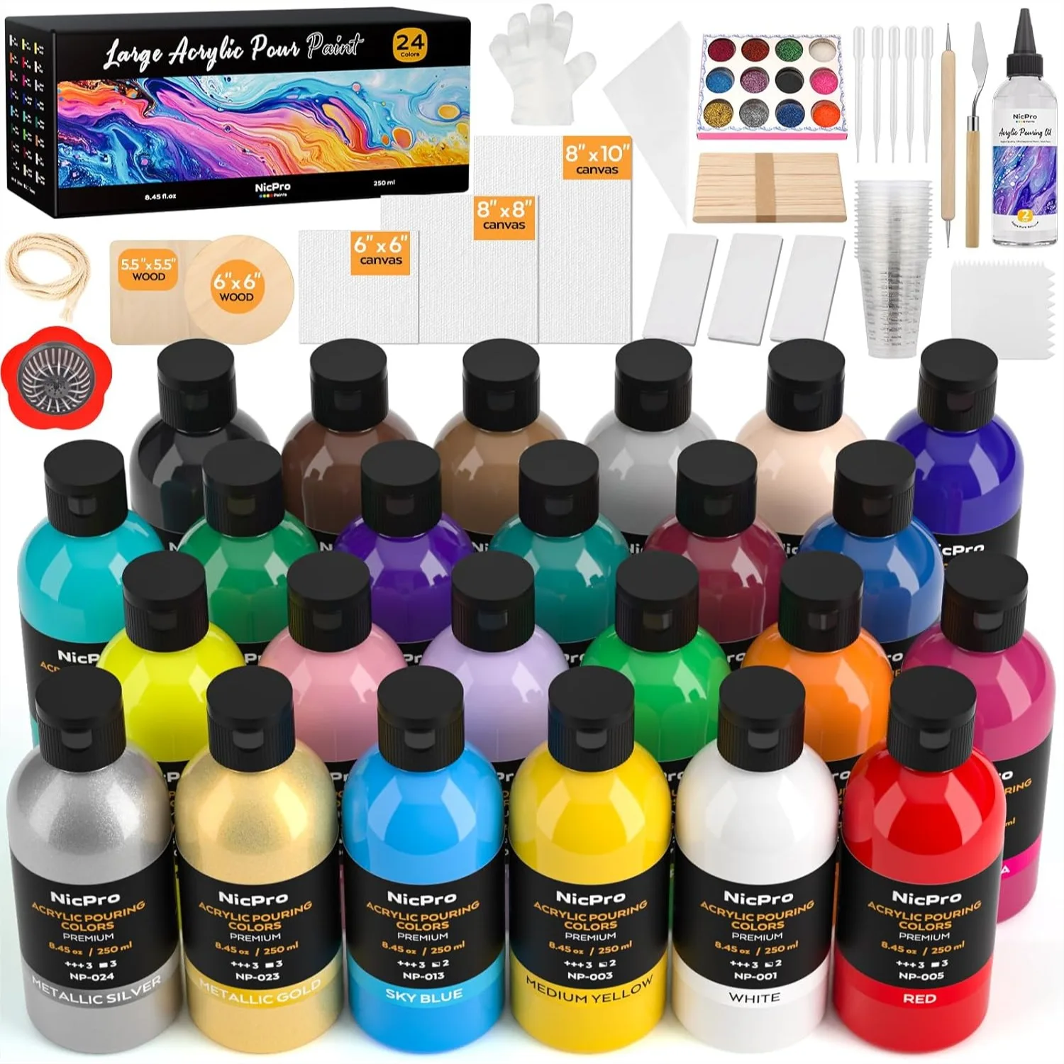 

Acrylic Pour Paint Kit 24 Colors 8.45oz Each, Premixed High Flow Paint with 3 Canvases, Wood Slices, Pouring Oil, Tools for